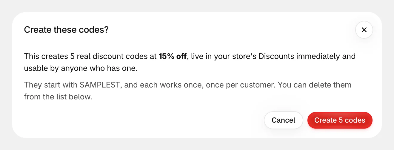 The Create these codes? dialog