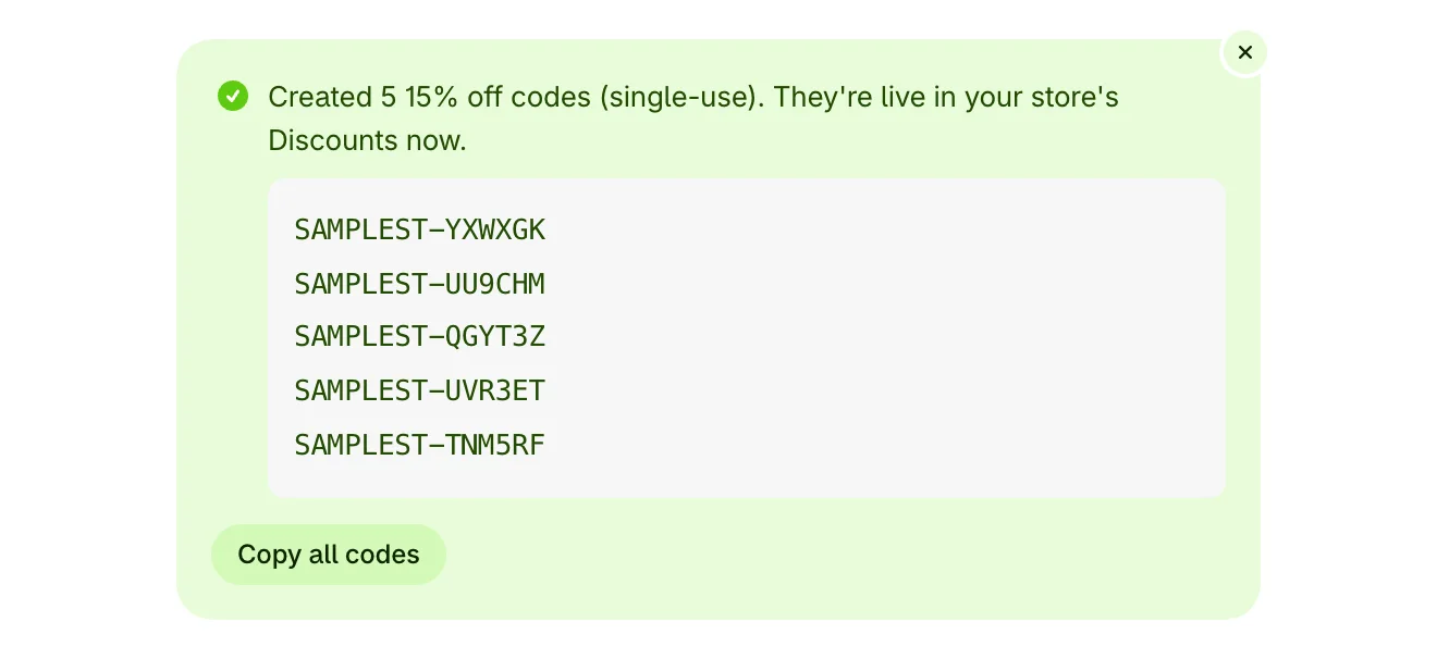 Five new codes listed, with Copy all codes