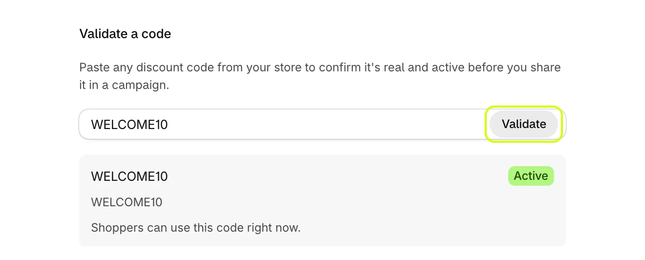 Validate a code showing an active code