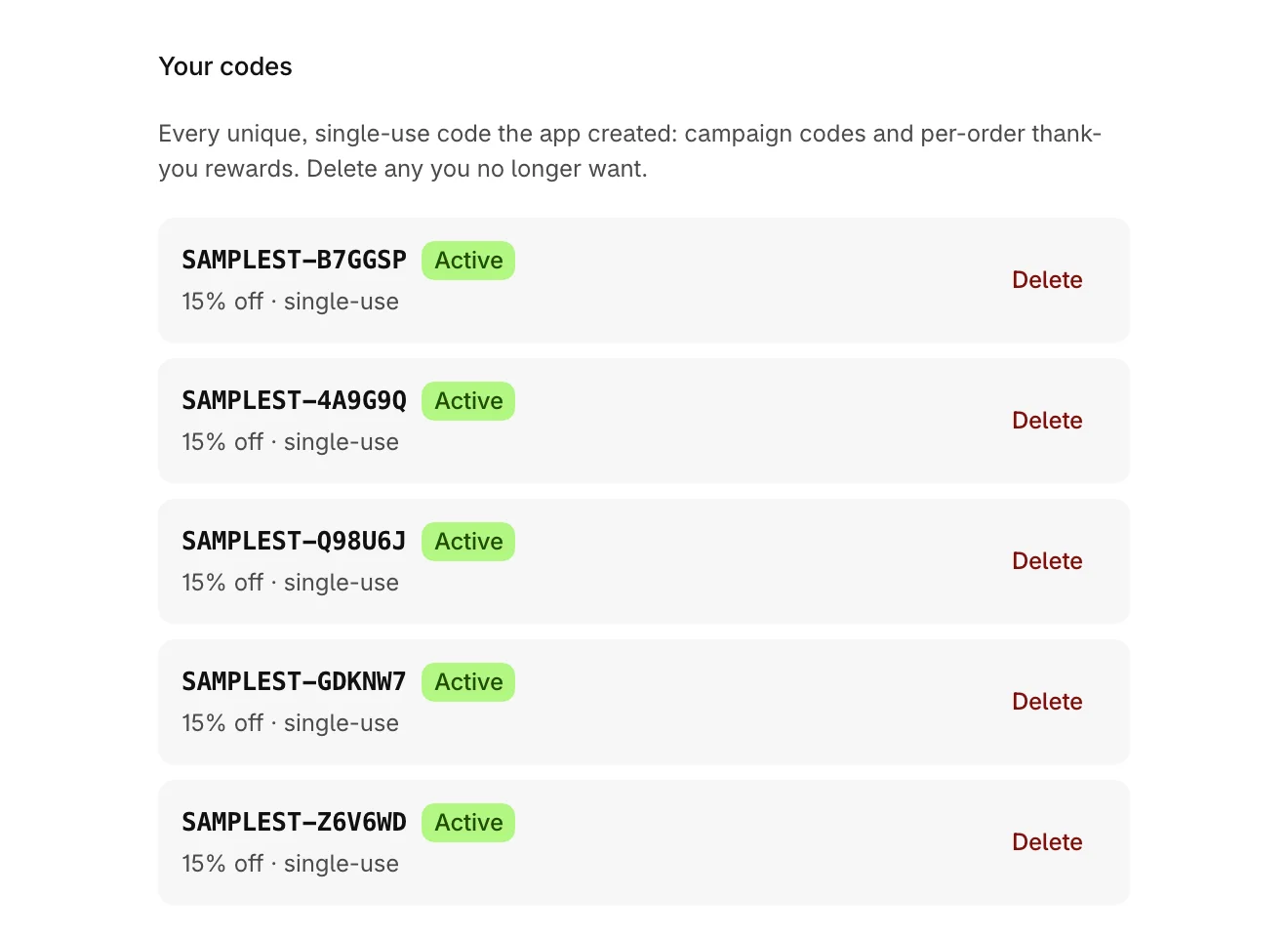 Your codes, listing five active codes