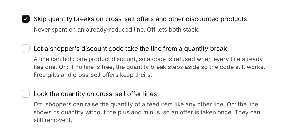 The quantity break rules, including Let a shopper's discount code take the line from a quantity break