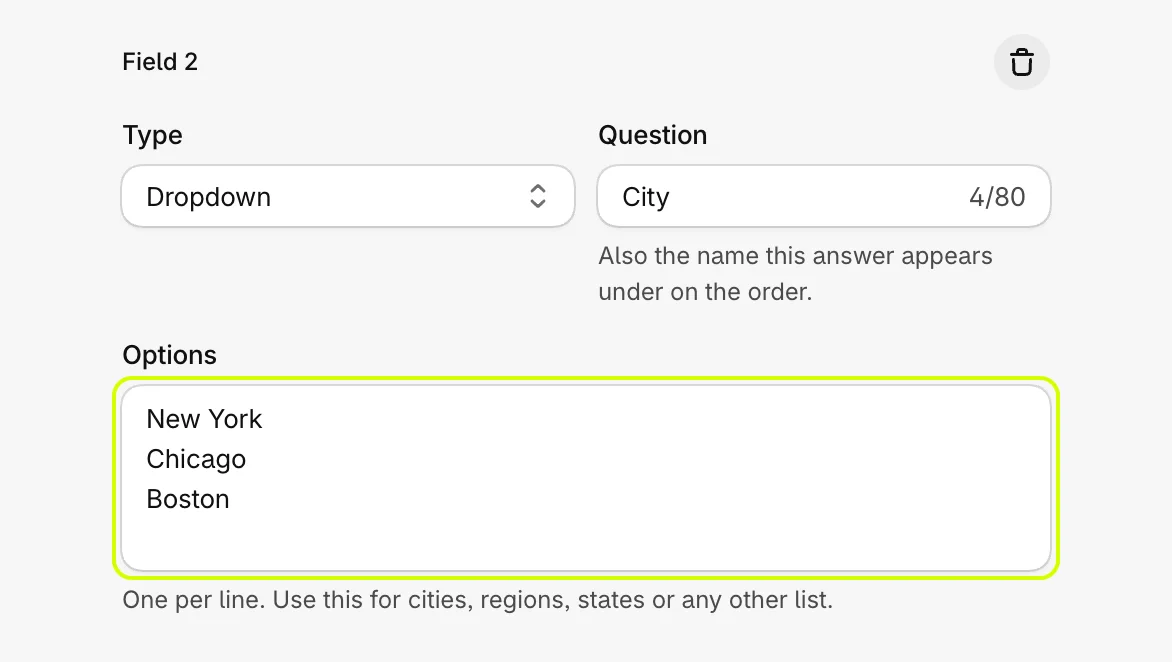 A Dropdown question named City with three options