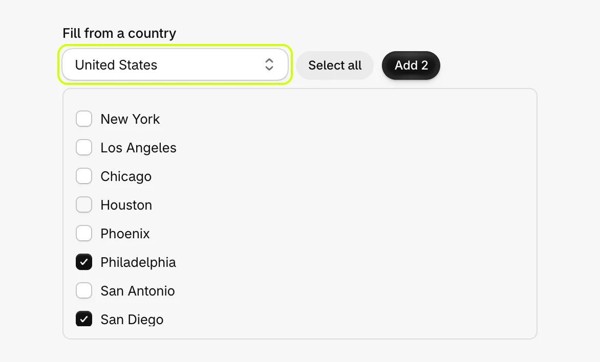 Fill from a country set to United States, with two cities ticked and Add 2