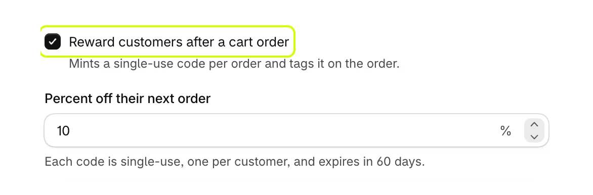 Reward customers after a cart order turned on, with Percent off their next order