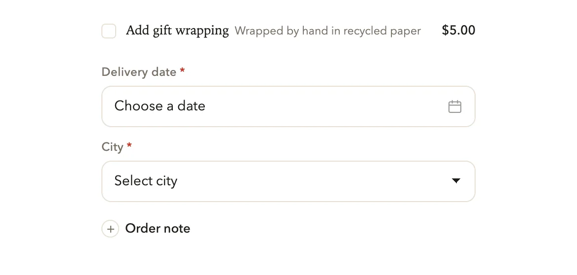 A gift wrap add-on, a delivery date and a city question, and the order note link