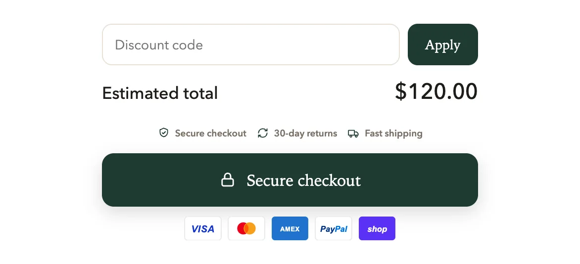 The discount code box, total, trust badges, checkout button and payment icons