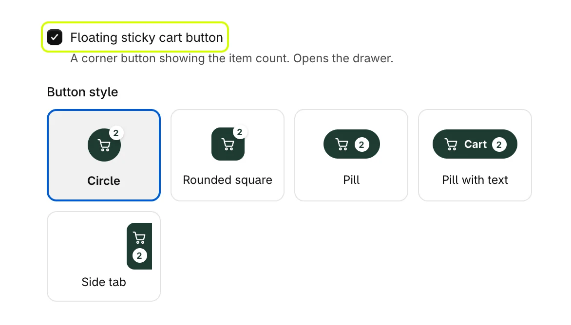 Floating sticky cart button turned on, with the five button styles