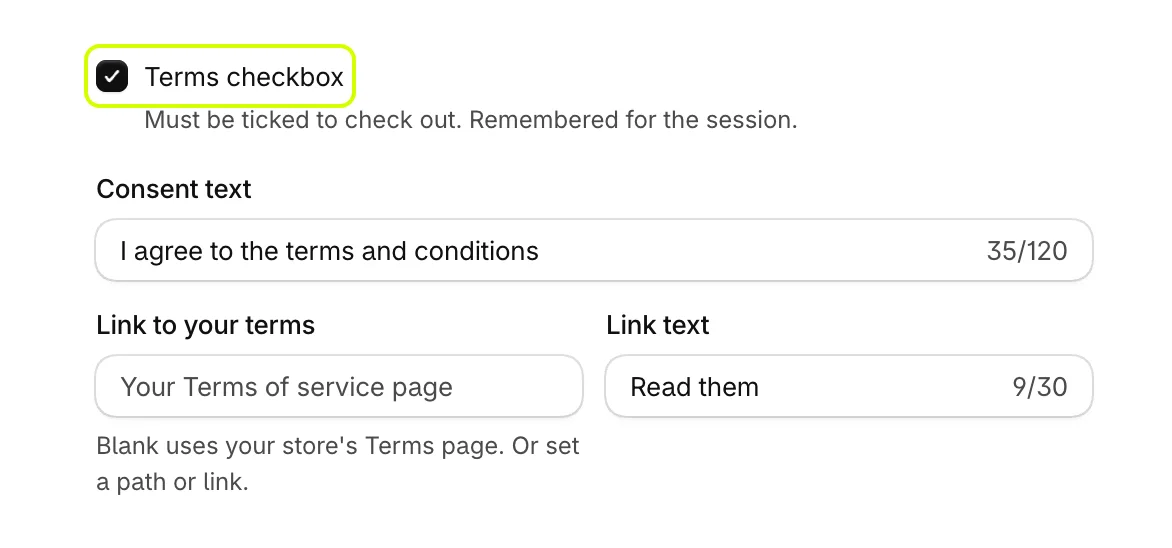 Terms checkbox turned on, with Consent text, Link to your terms and Link text