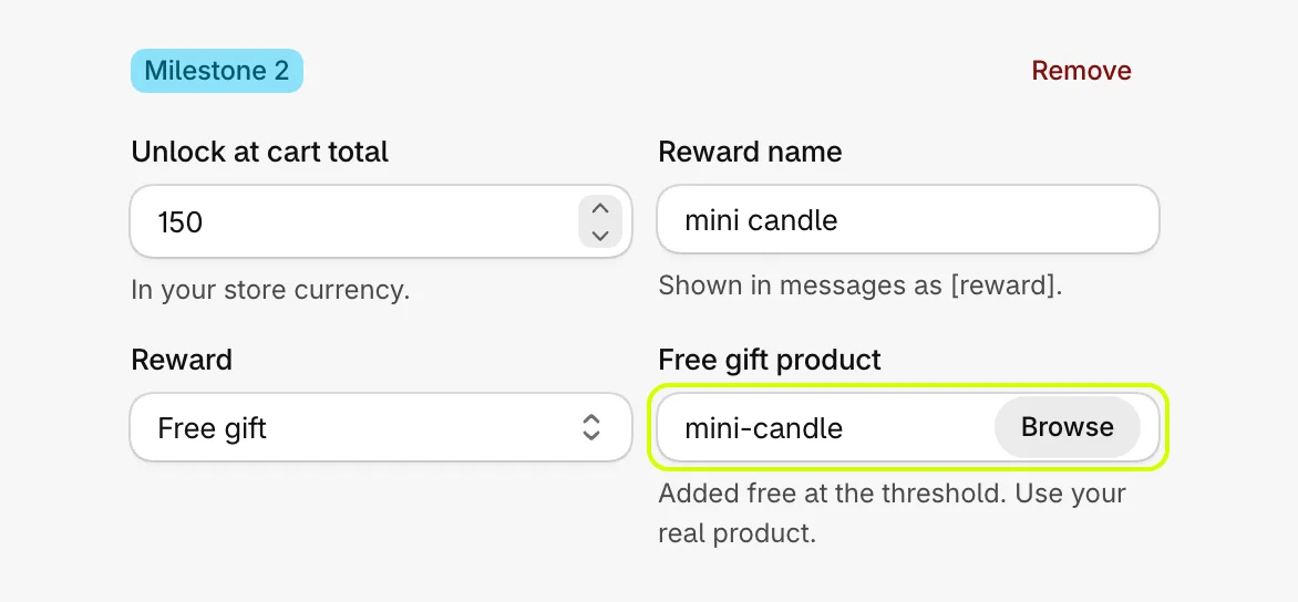Milestone 2 set to a free gift, with Free gift product highlighted