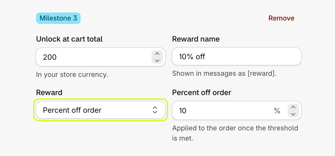 Milestone 3 set to Percent off order