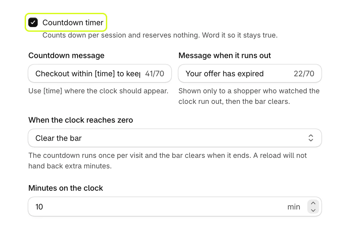 Countdown timer turned on, with its messages, end choice and minutes