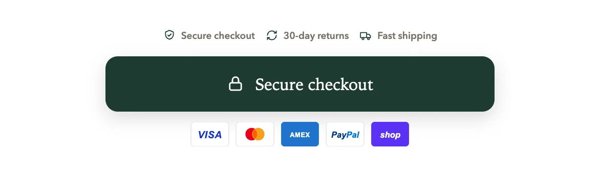 Trust badges above the checkout button and payment icons below it