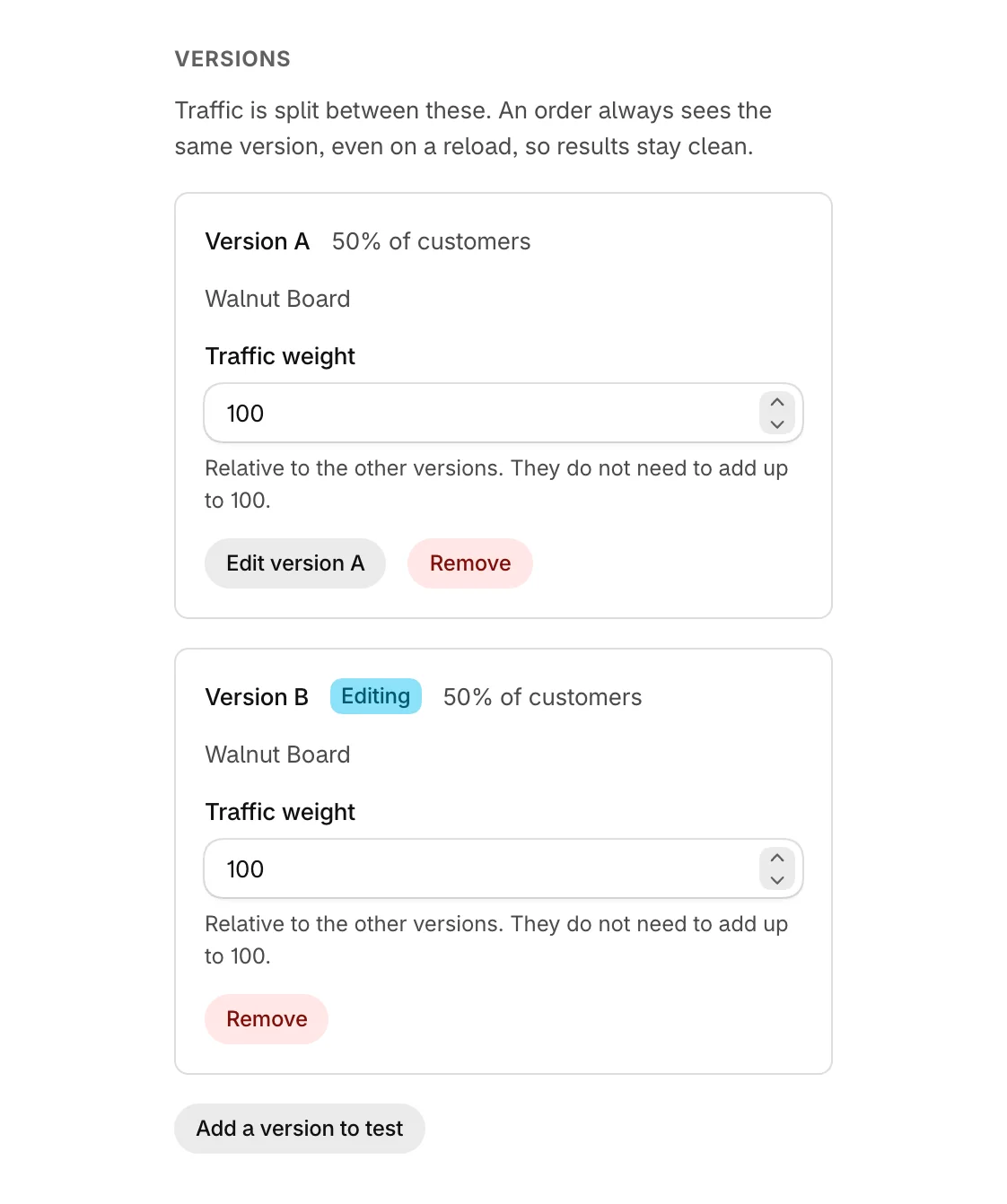 Version A and version B, each at 50% of customers