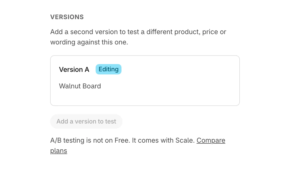 Versions on the Free plan, with A/B testing named as part of Scale