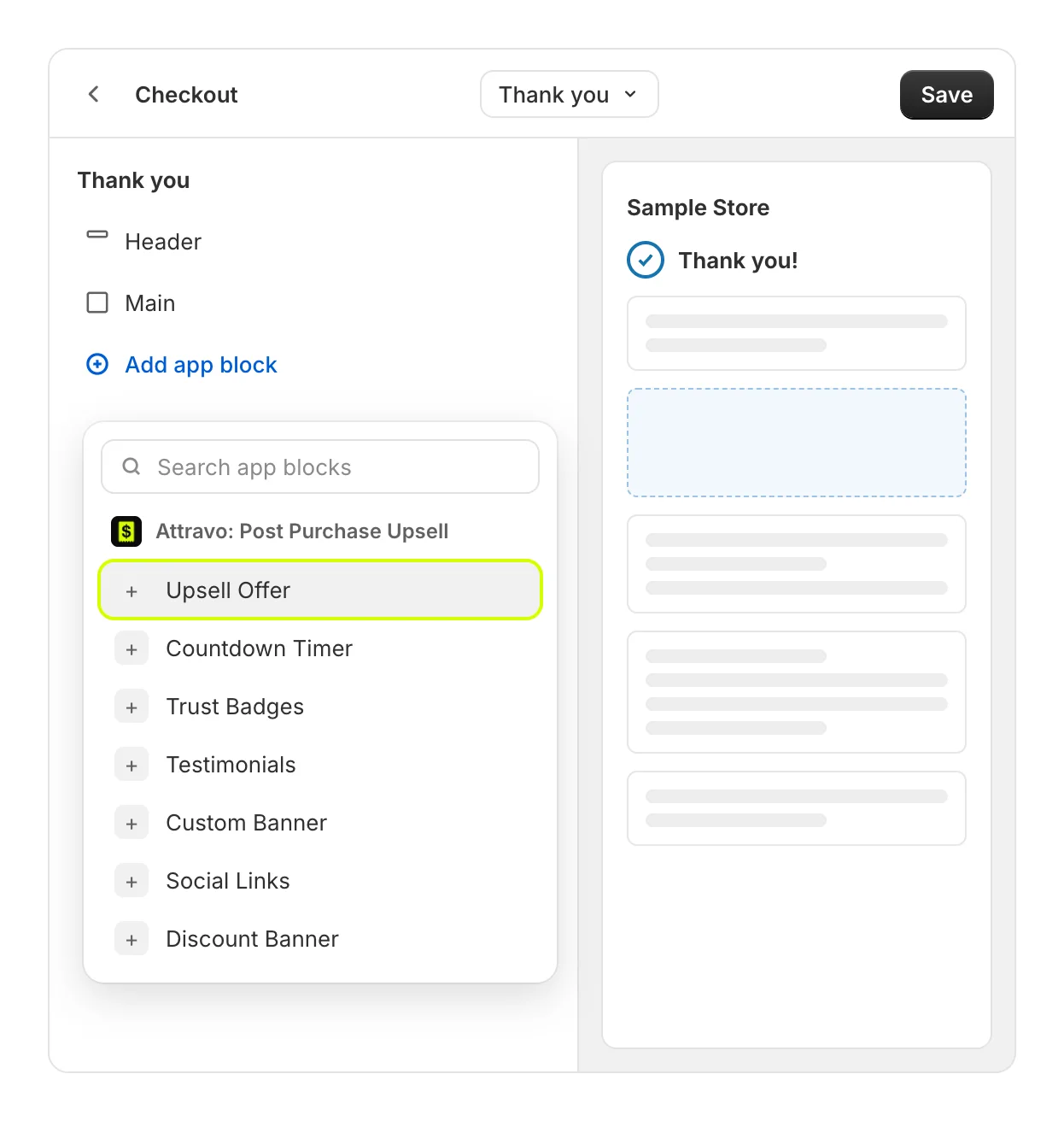 The checkout editor's app block list from Attravo