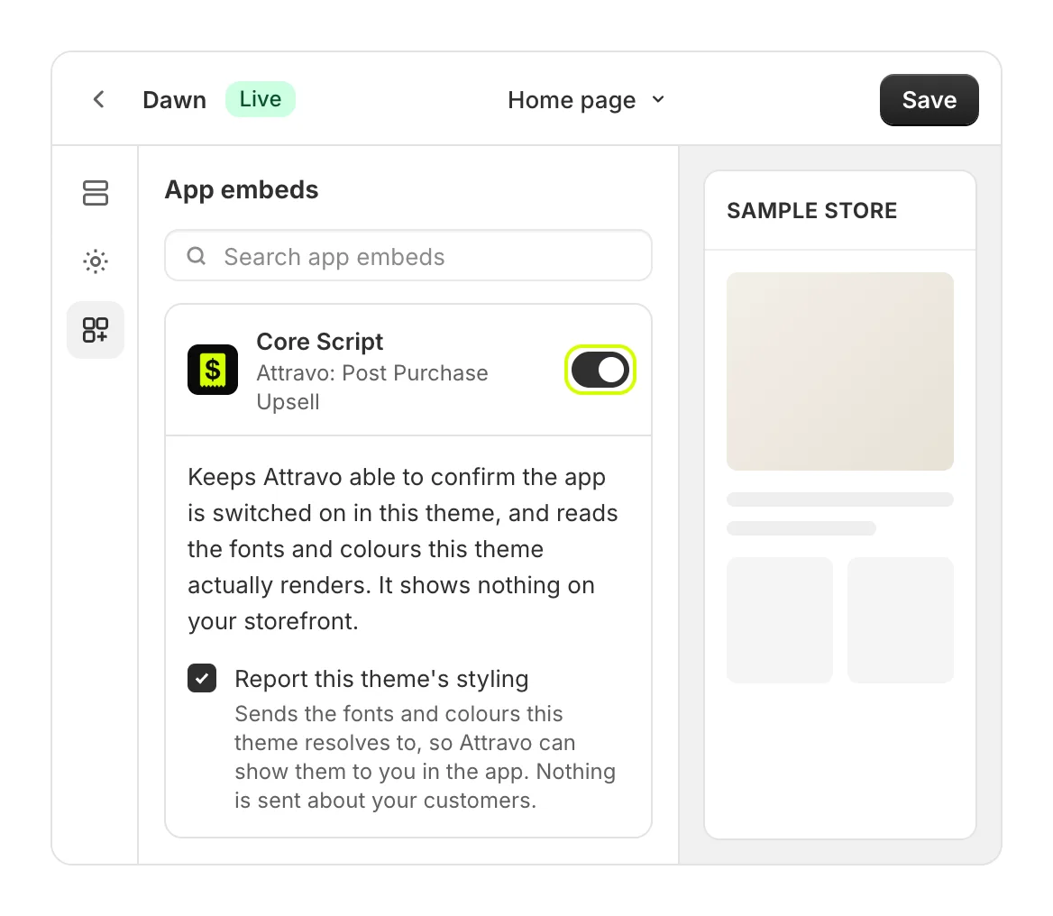 The theme editor's App embeds panel with the Core Script switch turned on