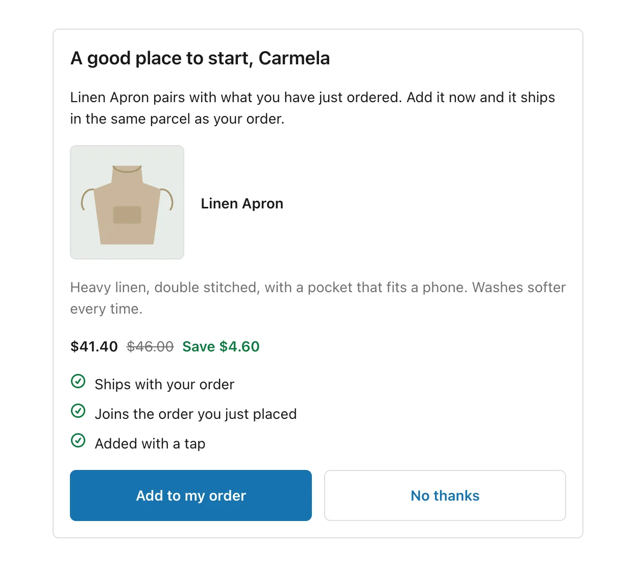 An offer on the thank you page, with the product, price, benefits and buttons
