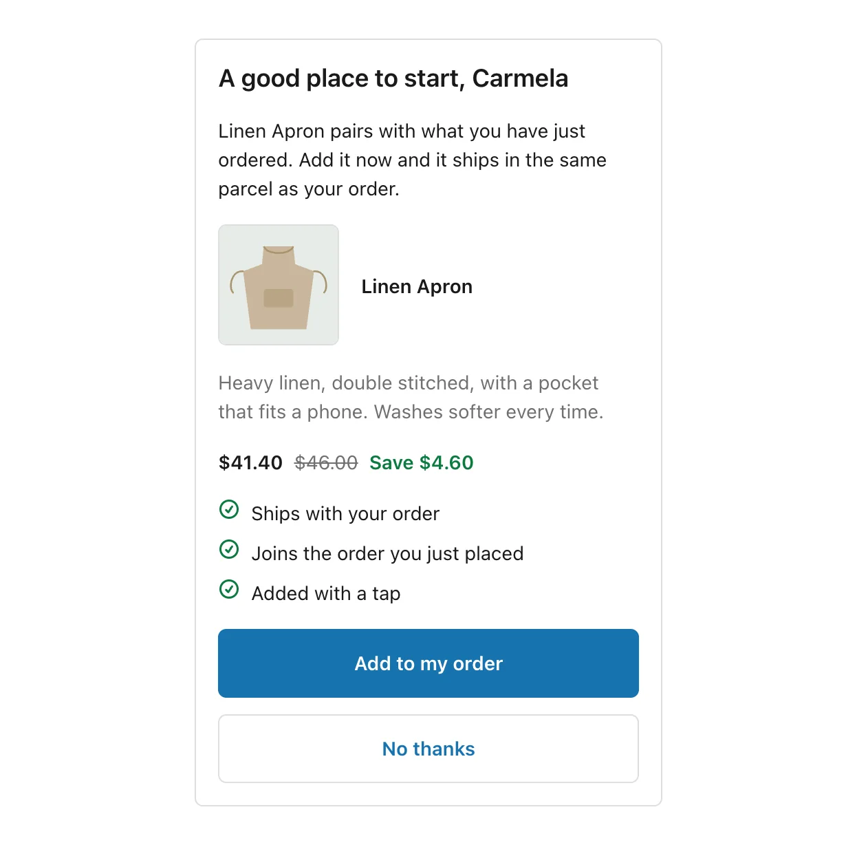 An offer at phone width, with the product, price, benefits and both buttons