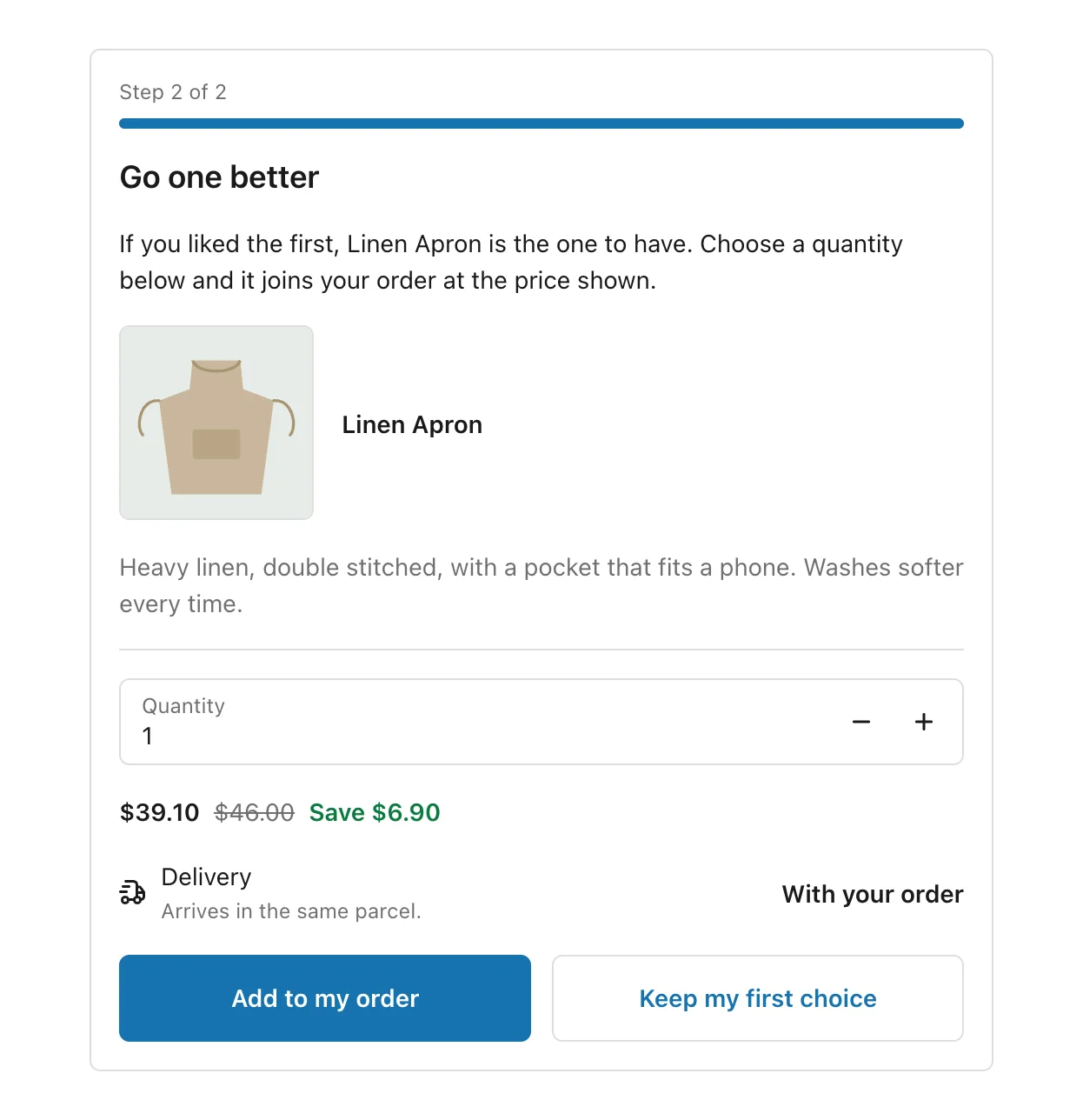 The second step of a funnel, with the step progress, a quantity picker and a delivery line