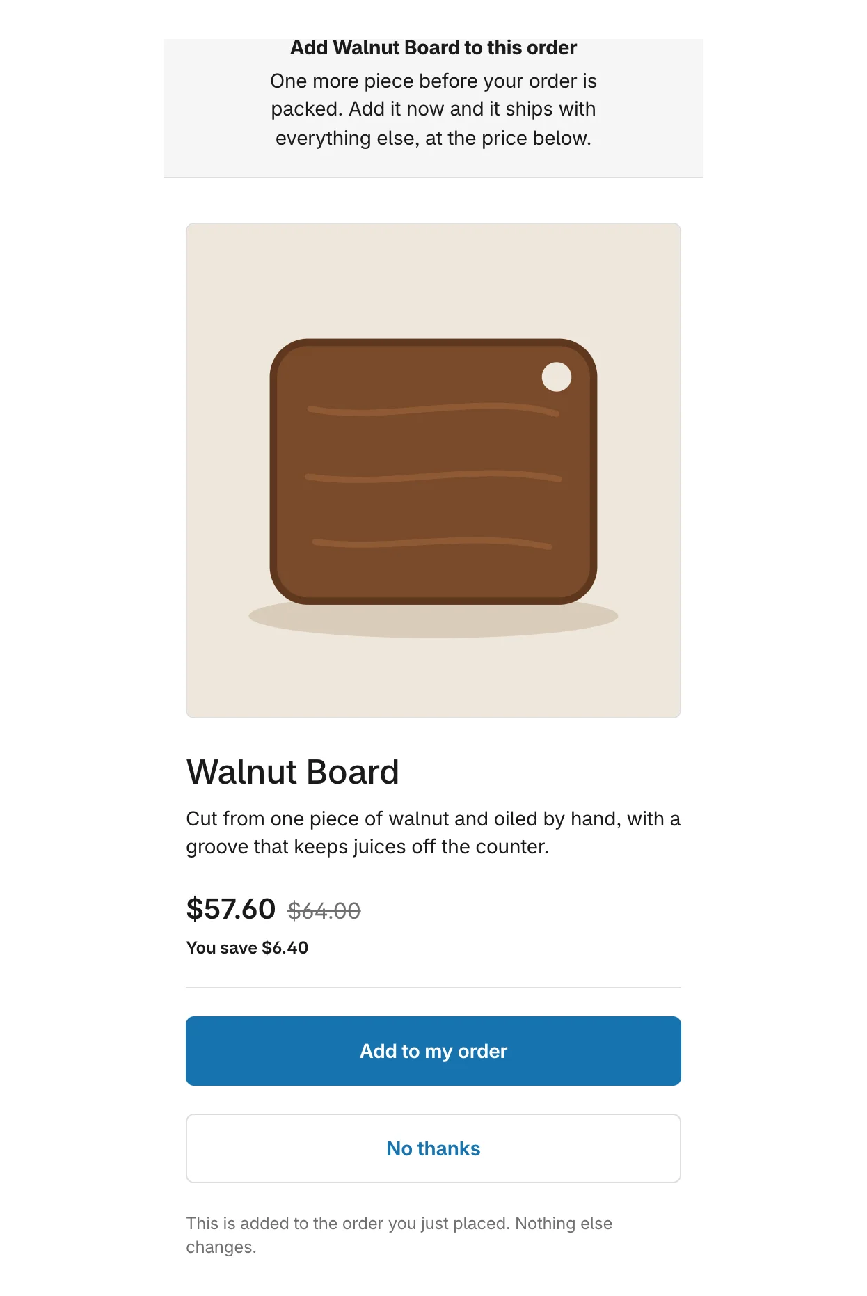 The post-purchase page at phone width, with the product, price and buttons