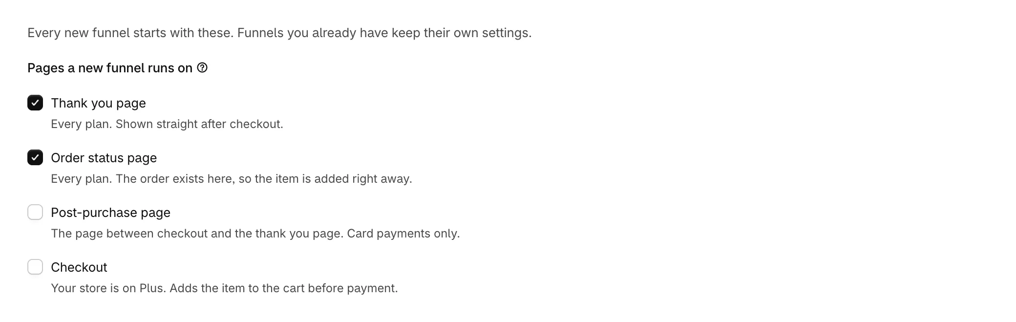 Pages a new funnel runs on, with the thank you and order status pages ticked