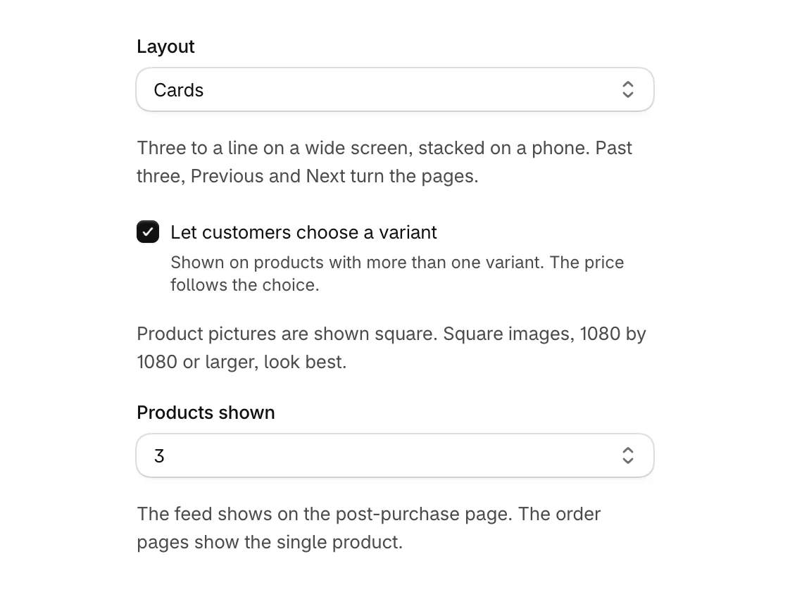 Layout, the variant picker and Products shown