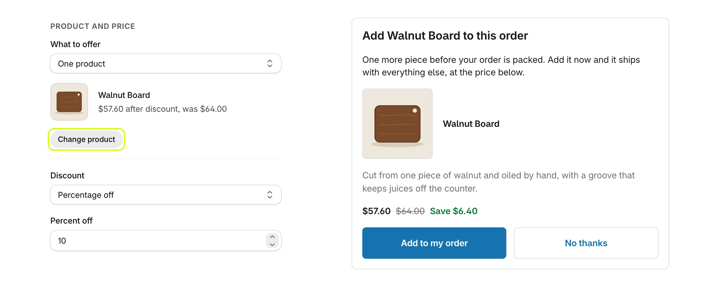 Product and price with Change product highlighted, beside the live preview of the offer