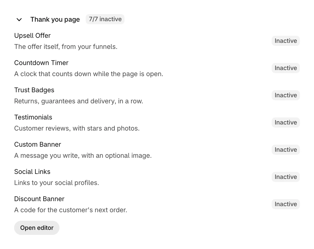 Checkout blocks with the Thank you page open and every block inactive