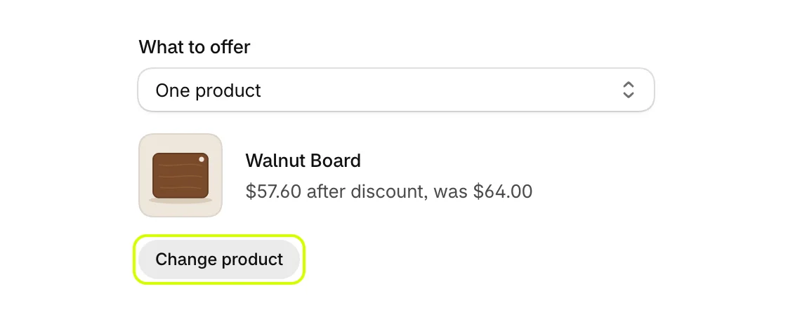 Product and price with the chosen product and Change product highlighted