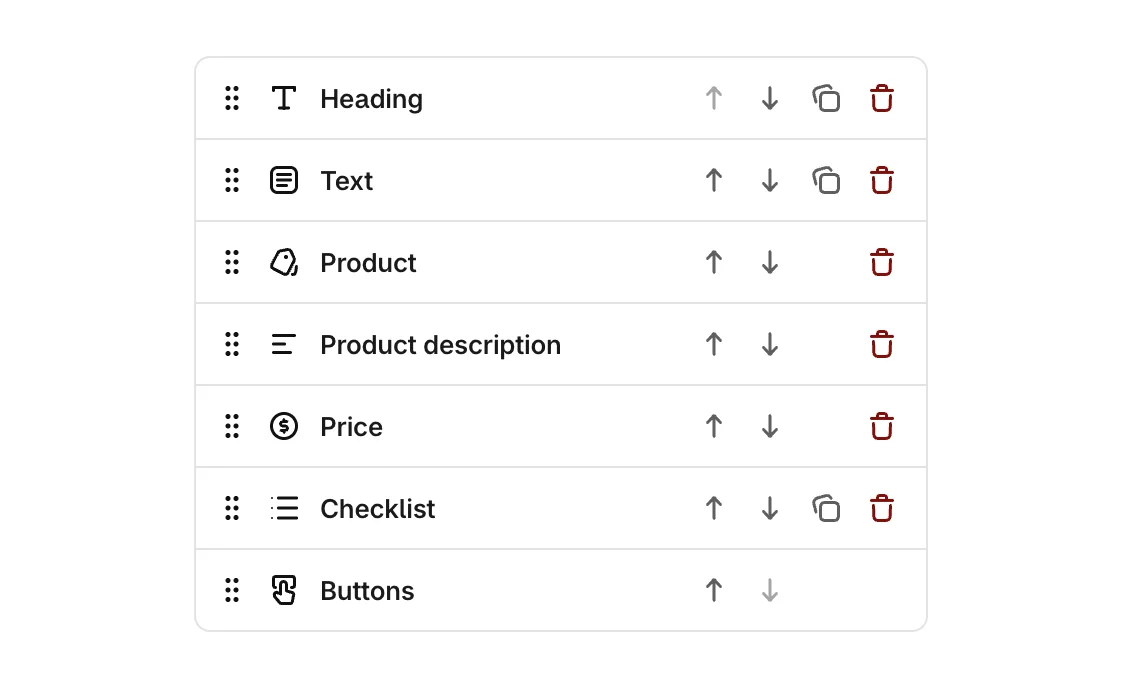 The blocks of an offer, each with move, duplicate and remove buttons
