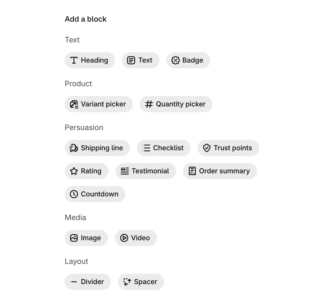 Add a block, grouped into Text, Product, Persuasion, Media and Layout