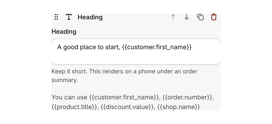 The Heading block open, with the placeholders you can use