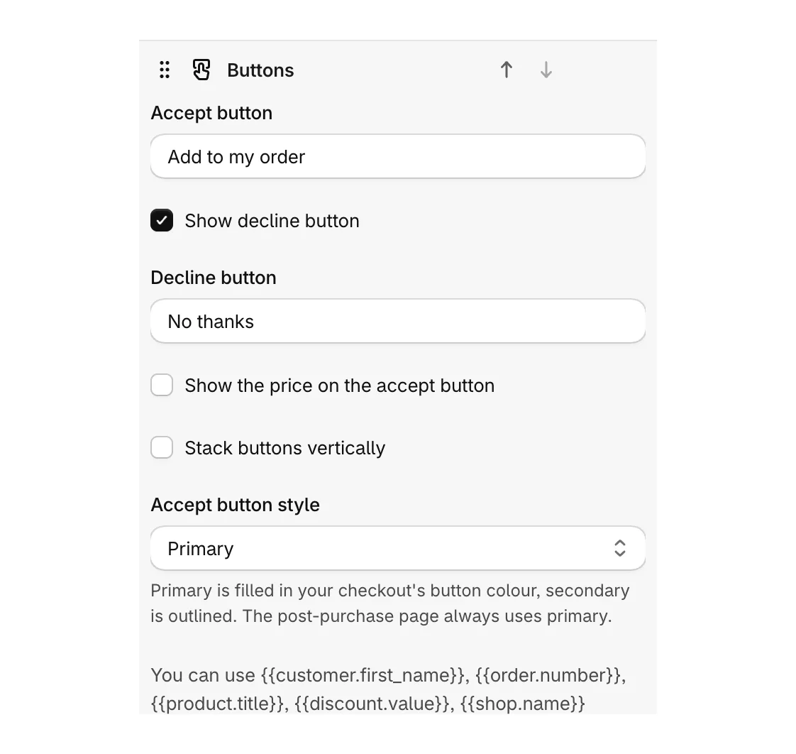 The Buttons block open, with the accept and decline settings