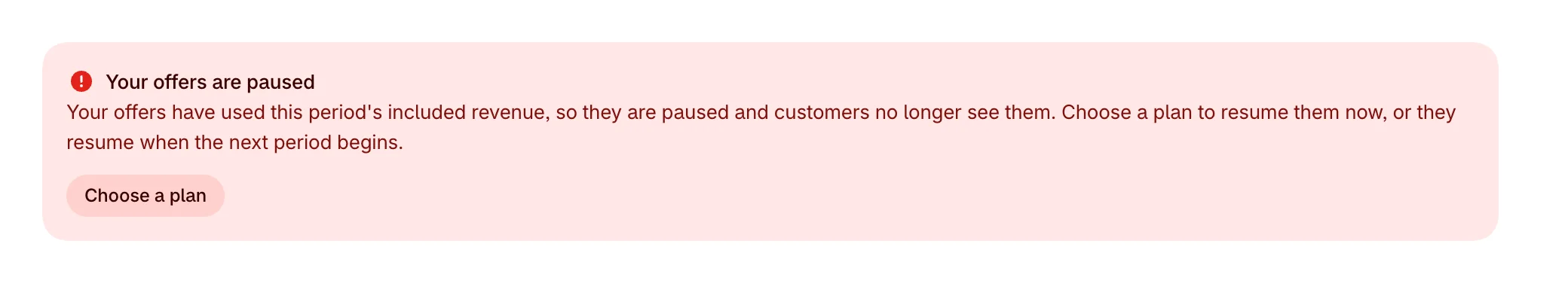 Your offers are paused, with Choose a plan