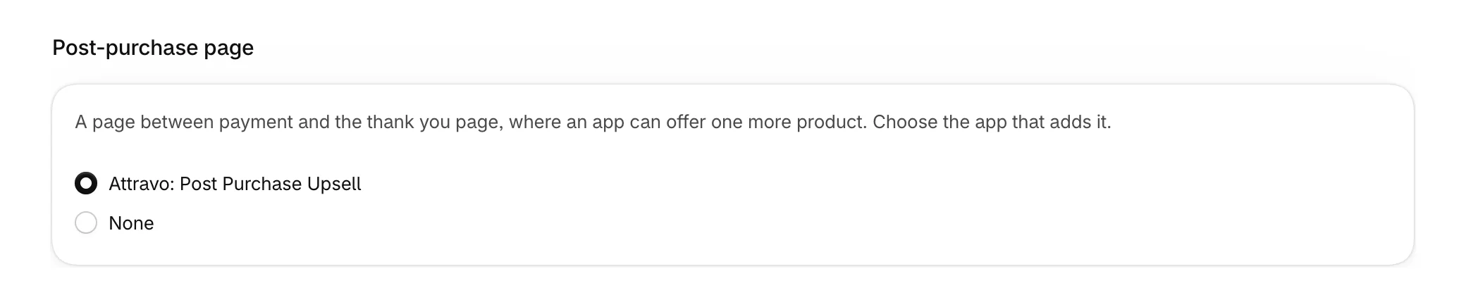 The Post-purchase page setting with Attravo: Post Purchase Upsell chosen