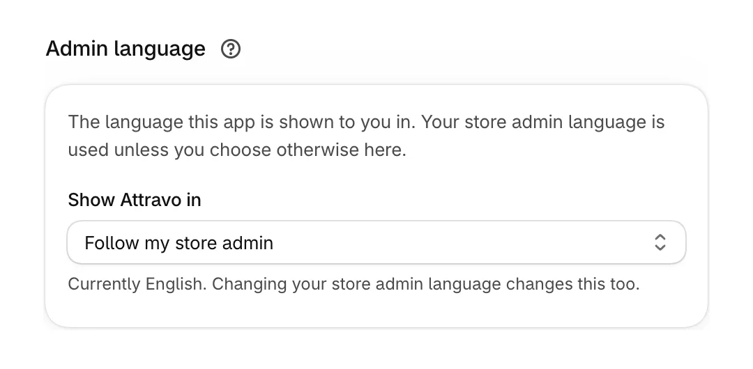 Admin language, with Show Attravo in set to follow the store admin