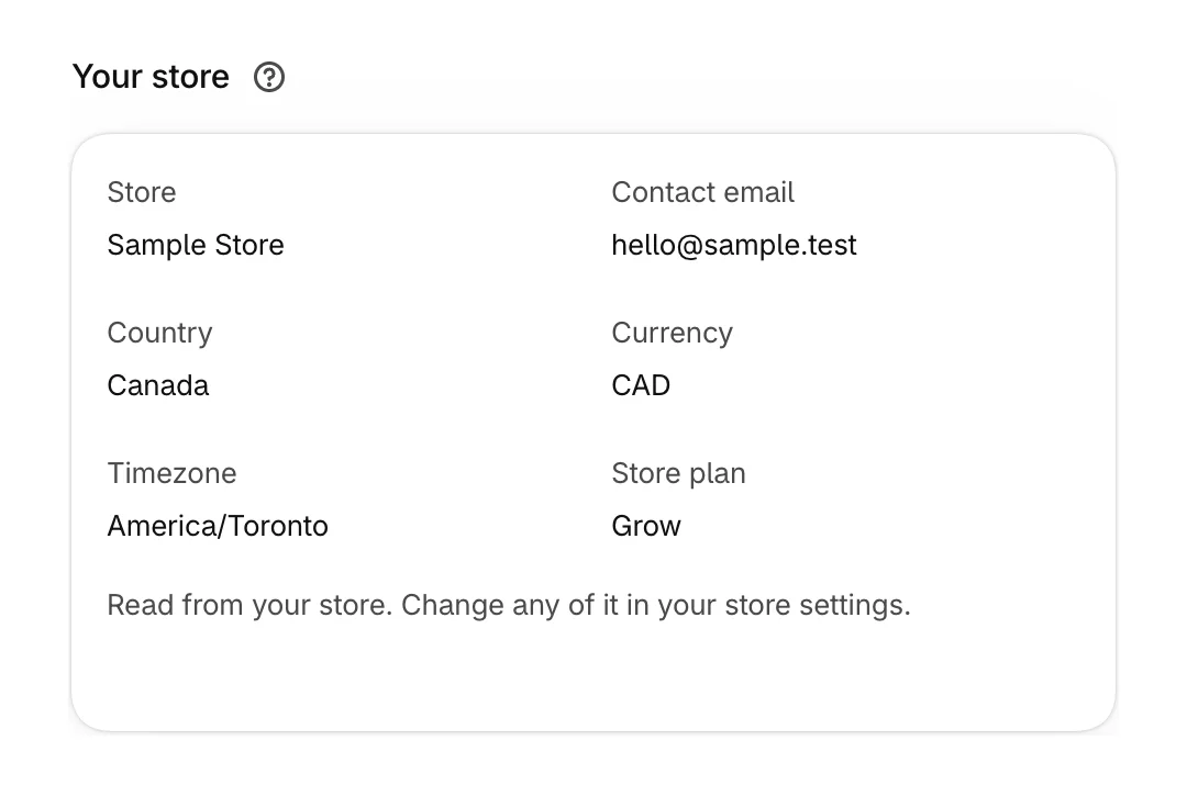Your store in Settings, with the store's country, currency and timezone